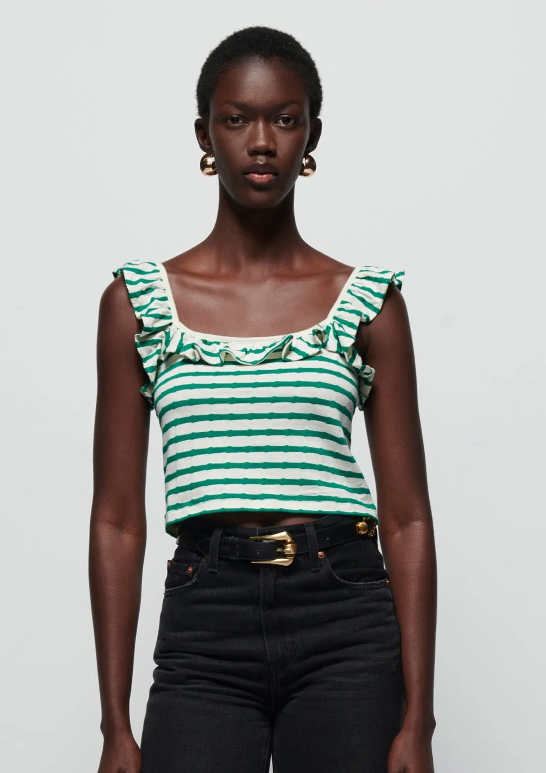 Rosa Stripe Ruffle Top- Verdant Green Stripe sold by Illie & Co