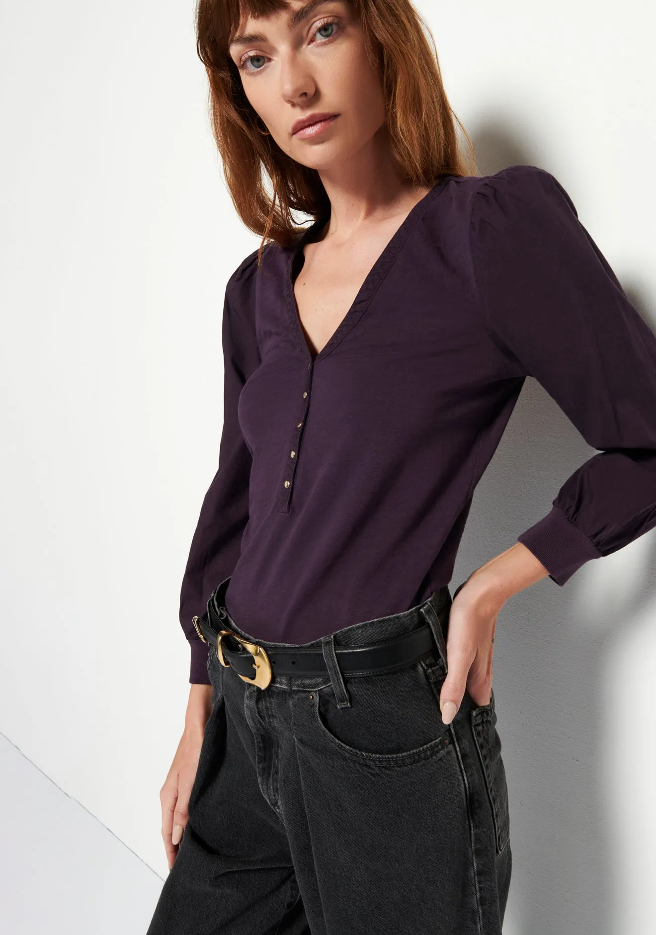 Ivy Feminine Snap Henley- Fig Jam**FINAL SALE** sold by Illie & Co