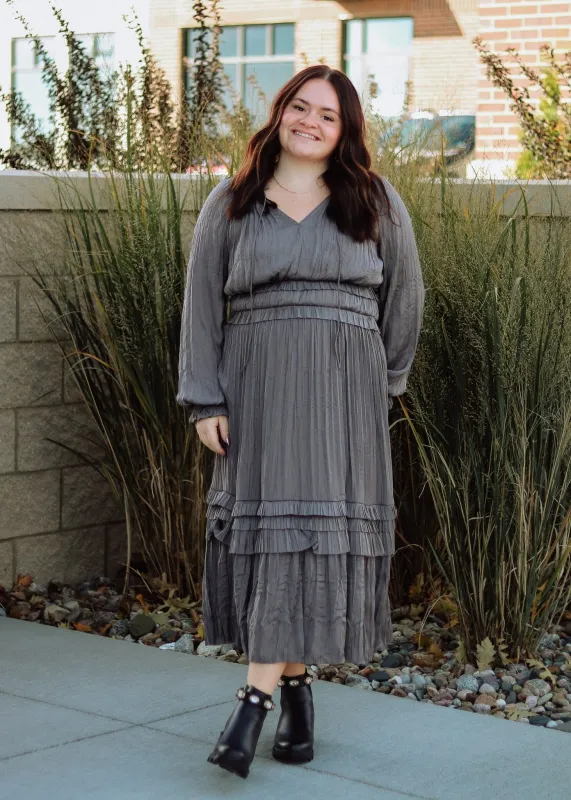 Long Sleeve Ruffle Detailed Midi Dress- Grey made by Current Air