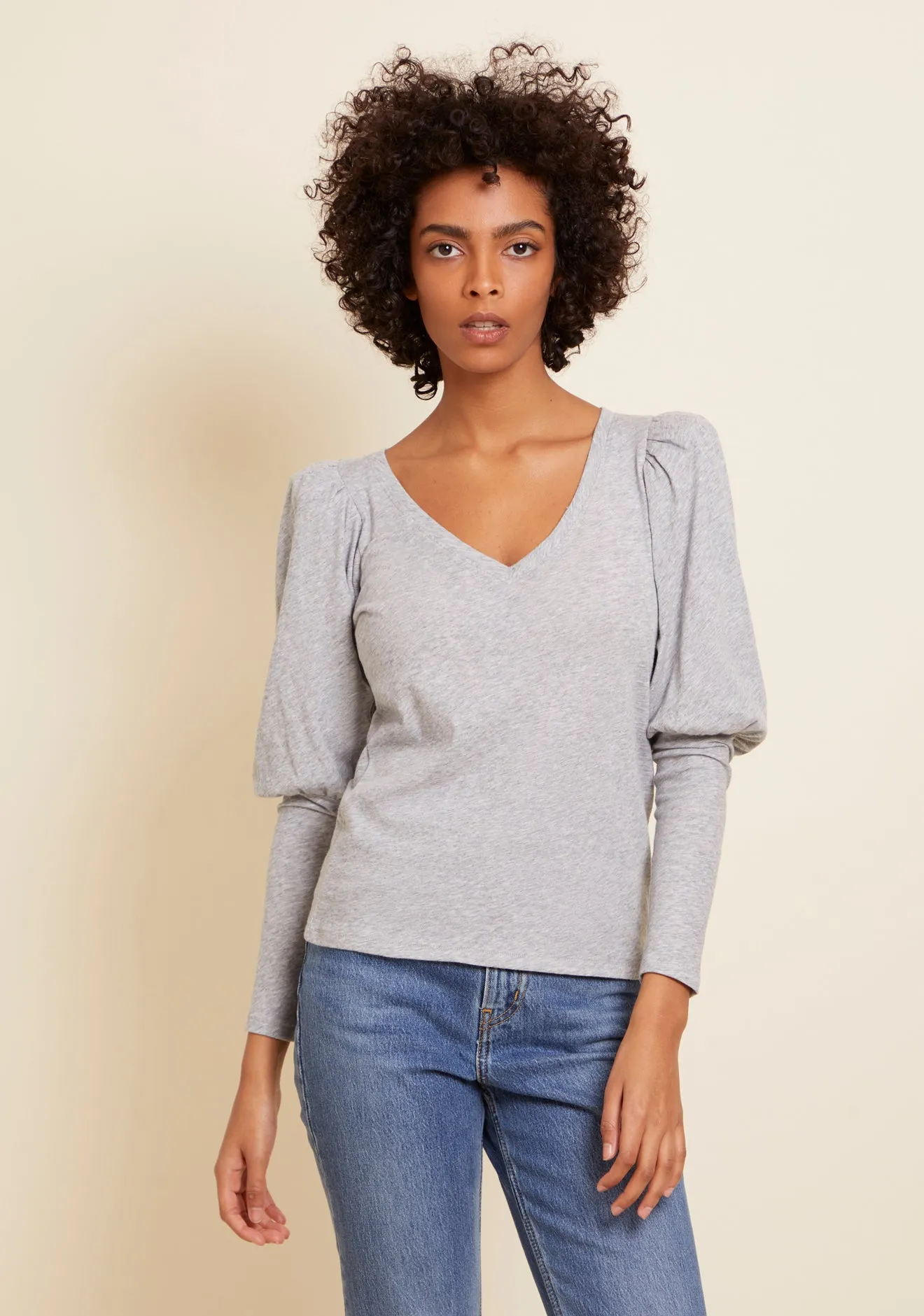 Emilia Drama Sleeve V-Neck Tee- Heather Grey sold by Illie & Co product image thumbnail 2