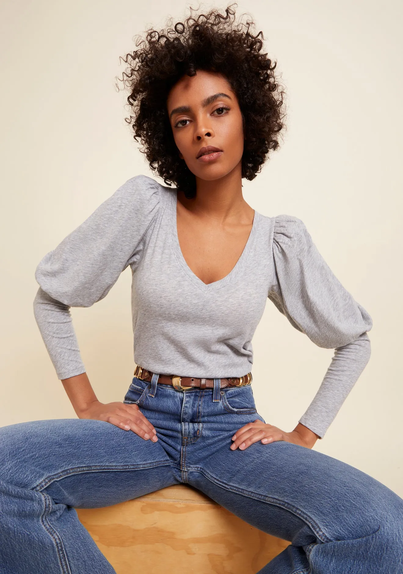 Emilia Drama Sleeve V-Neck Tee- Heather Grey sold by Illie & Co