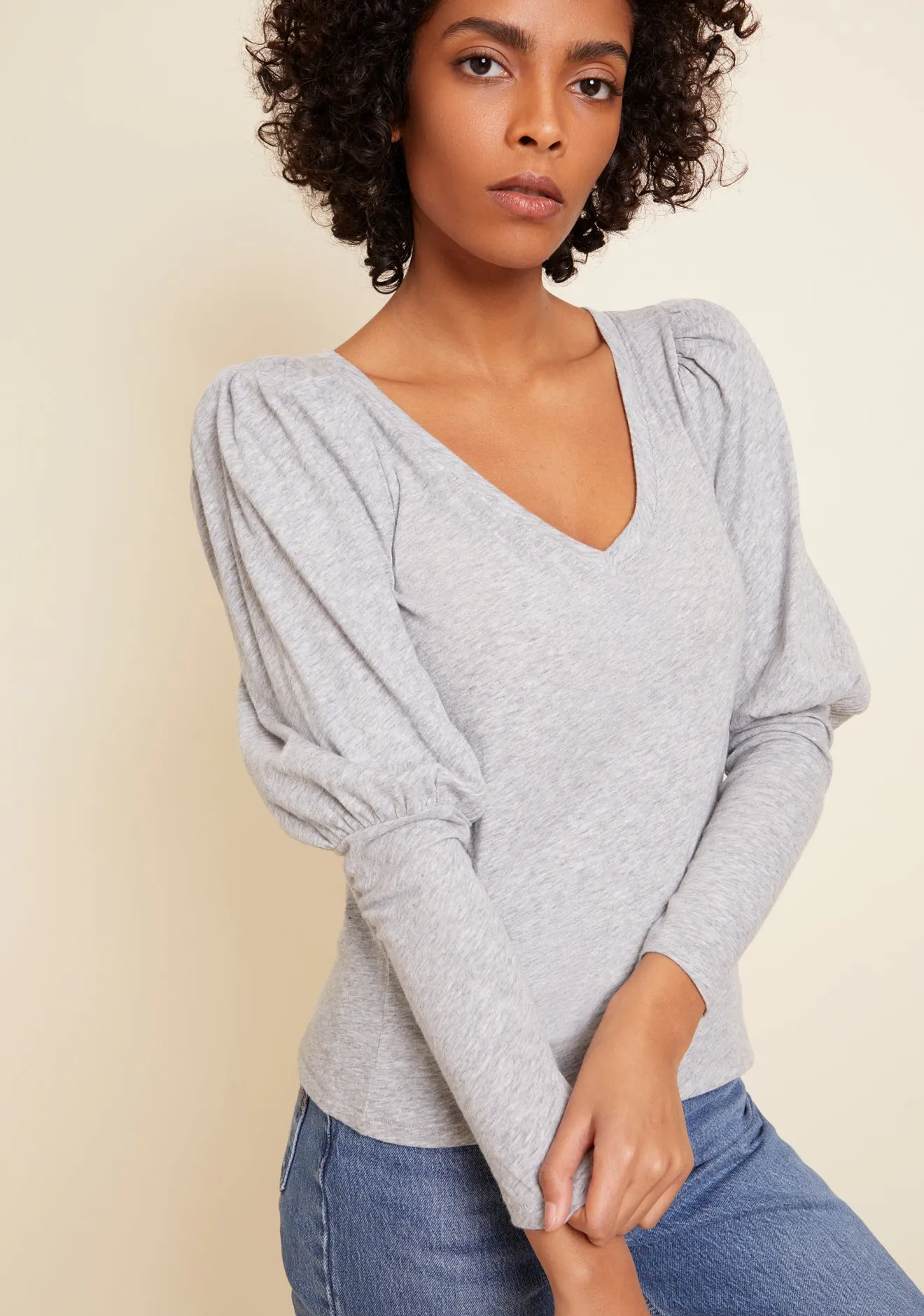 Emilia Drama Sleeve V-Neck Tee- Heather Grey sold by Illie & Co product image thumbnail 4
