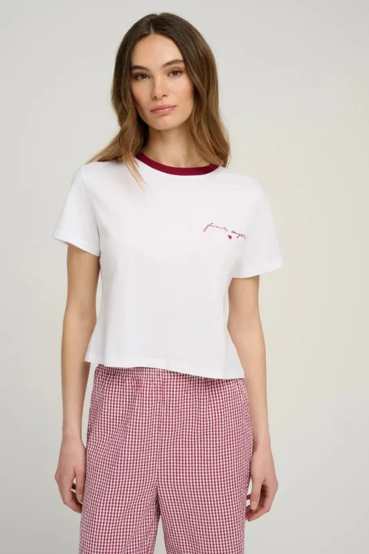 The Cropped Signature Chest Logo Tee- Off White Raspberry made by Favorite Daughter
