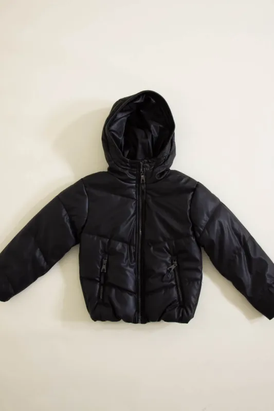 Youth Faux Leather Hooded Puffer Jacket for Girls in Black | 5510ABK sold by Glik’s