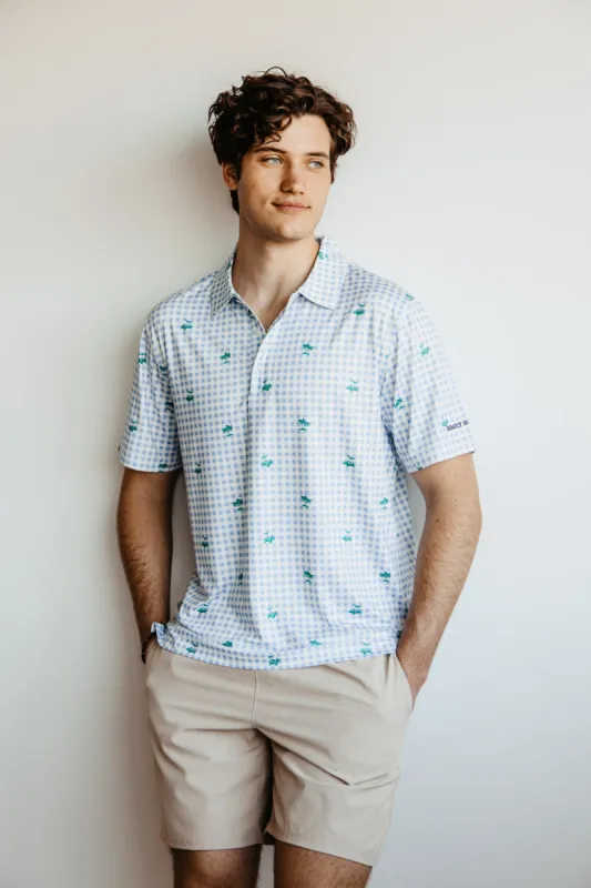 Simply Southern Palm Tree Polo Shirt for Men in Light Blue | PP-0123-MN-PATTERN-POLO-PALM sold by Glik’s