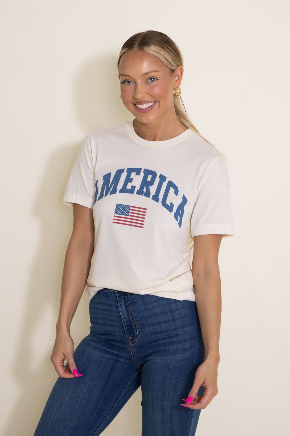 America with Flag Graphic T-Shirt for Women in Ivory | 30515X-TS-IVORY sold by Glik’s product image thumbnail 4