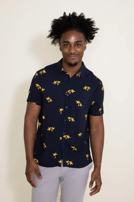 Denim & Flower Palm Tree Shirt for Men in Navy Blue | CVS-3940 sold by Glik’s