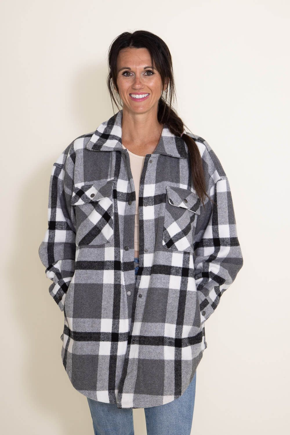 Plaid Shacket for Women in Grey | SHKTPLD-PLAIDGREY sold by Glik’s product image thumbnail 2