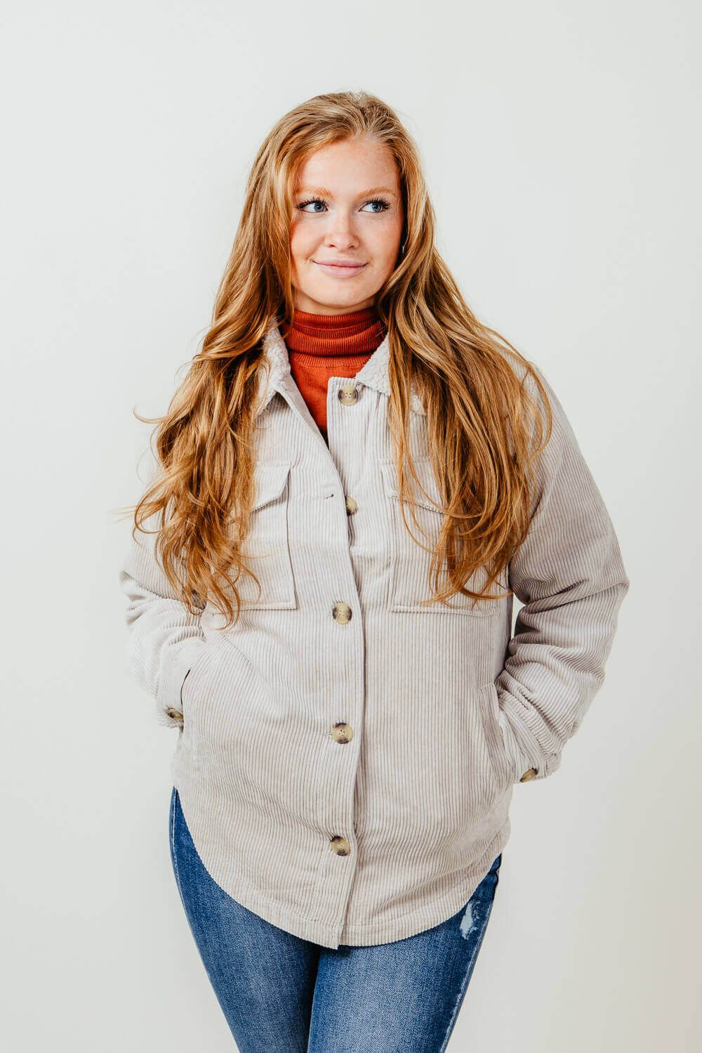 Love Tree Corduroy Sherpa Collar Lined Jacket for Women in Cream | 80110JH-CREAM sold by Glik’s