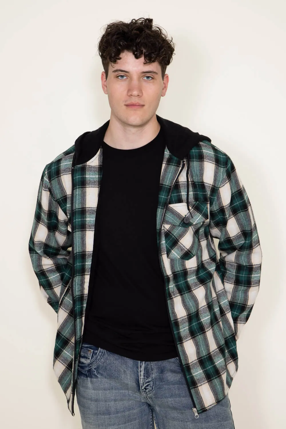 WearFirst Zip Front Flannel Hooded Shirt Jacket for Men in Green | M01KYW016-GREENPLAID sold by Glik’s