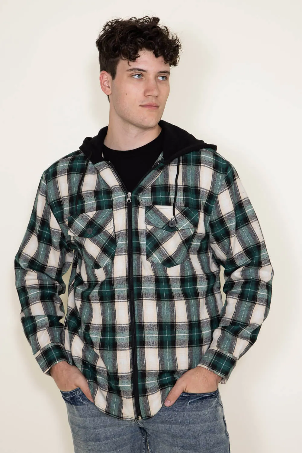 WearFirst Zip Front Flannel Hooded Shirt Jacket for Men in Green | M01KYW016-GREENPLAID sold by Glik’s product image thumbnail 4