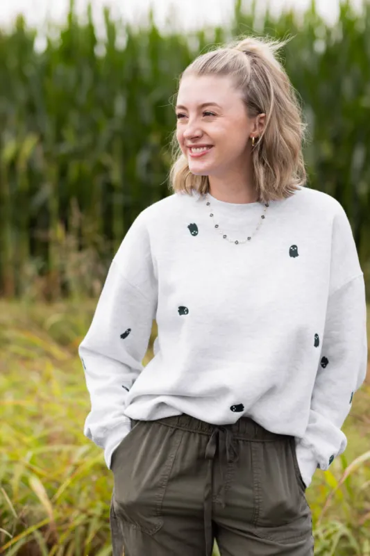 1897 Active Ghost Embroidered Sweatshirt for Women in Ice Grey | T836-ICEGREY sold by Glik’s