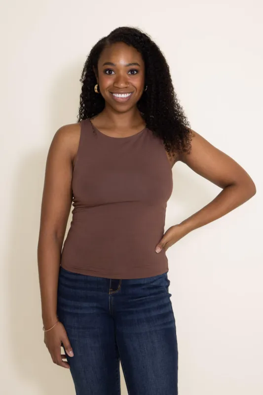 Basic Slim High Neck Stretch Basic Tank Top for Women in Brown | 18783-BROWN sold by Glik’s