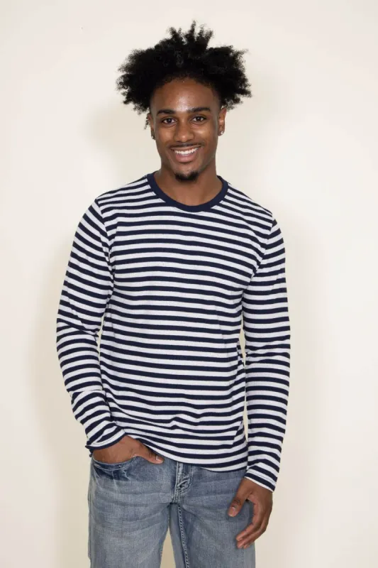 Stripe Thermal Crew Long Sleeve Shirt for Men in Navy Blue | MK63-MP3763-NAVYOATMEAL sold by Glik’s