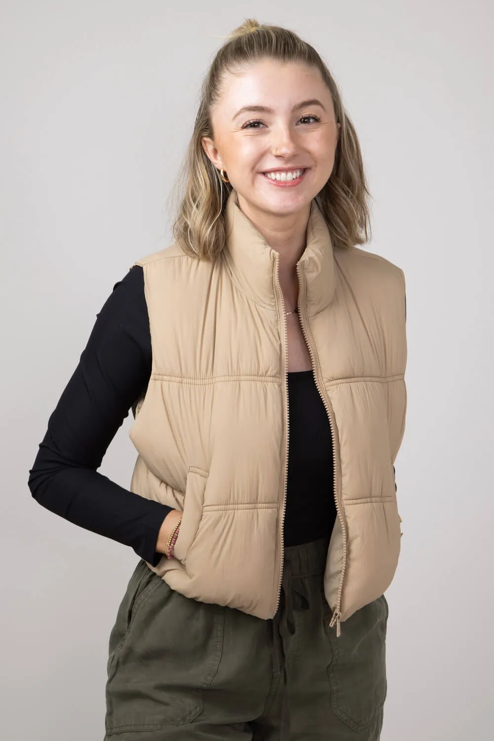 Love Tree Crinkle Puffer Vest for Women in Khaki | 5128VH-KHAKI sold by Glik’s product image thumbnail 4