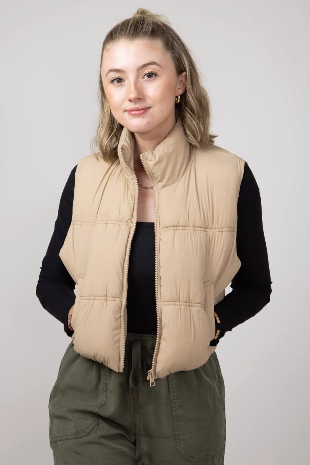 Love Tree Crinkle Puffer Vest for Women in Khaki | 5128VH-KHAKI sold by Glik’s product image thumbnail 2
