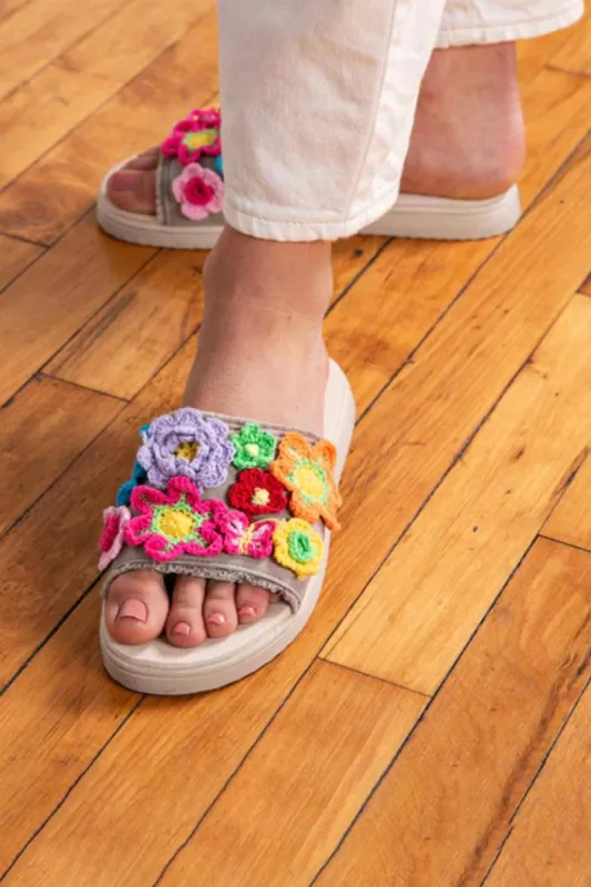Rocket Dog Novel Floral Crochet Slide Sandals for Women in Taupe | NOVEL-244 sold by Glik’s