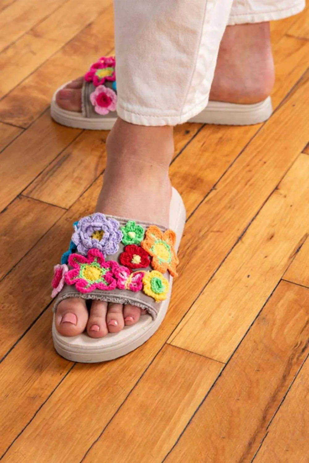 Rocket Dog Novel Floral Crochet Slide Sandals for Women in Taupe | NOVEL-244 sold by Glik’s