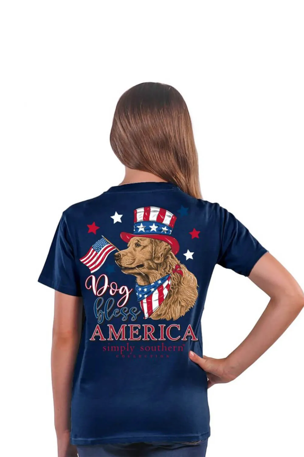 Simply Southern Youth Dog Loves America T-Shirt for Girls in Blue | YTH-SS-AMERICA-NAVY sold by Glik’s