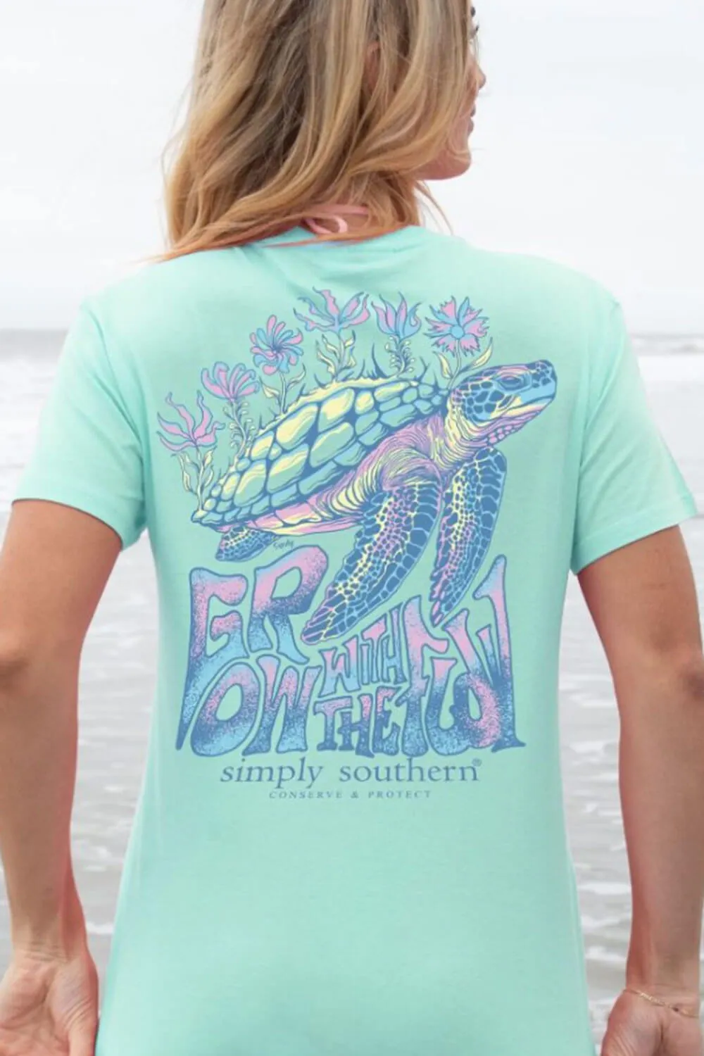 Simply Southern Tracking Grow with the Flow Turtle T-Shirt for Women in Sea Green | TRACK-SS-FLOW-SEA sold by Glik’s