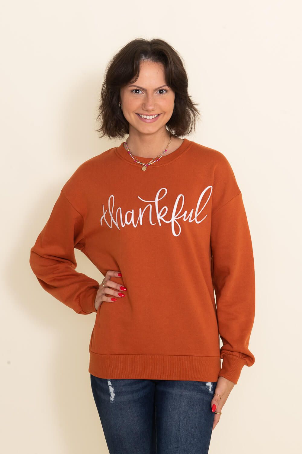 1897 Active Thankful Embroidered Fleece Sweatshirt for Women in Orange | GT052-THANKFUL-RUST sold by Glik’s product image thumbnail 2
