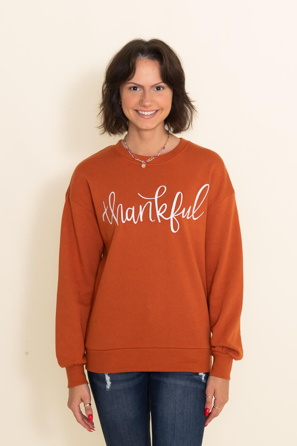 1897 Active Thankful Embroidered Fleece Sweatshirt for Women in Orange | GT052-THANKFUL-RUST sold by Glik’s product image thumbnail 4