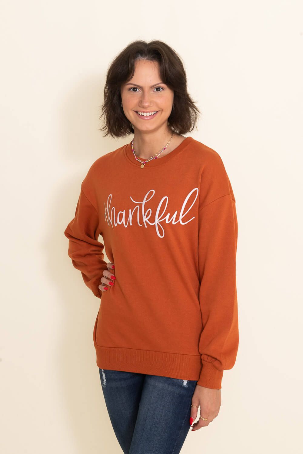 1897 Active Thankful Embroidered Fleece Sweatshirt for Women in Orange | GT052-THANKFUL-RUST sold by Glik’s product image thumbnail 5