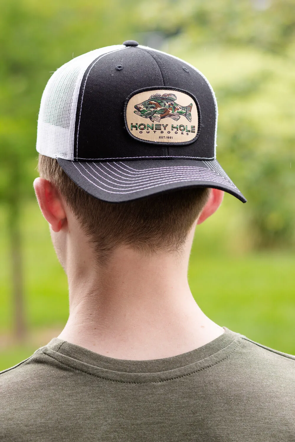 Honey Hole Snapback Camo Bass Trucker Hat for Men in Black | SB-CB-BW sold by Glik’s