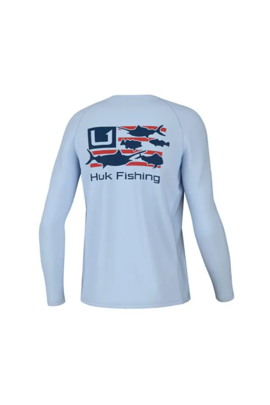 Huk Fishing Youth Pursuit Trophy Flag Long Sleeve T-Shirt for Boys in Blue | H7120108-476 sold by Glik’s