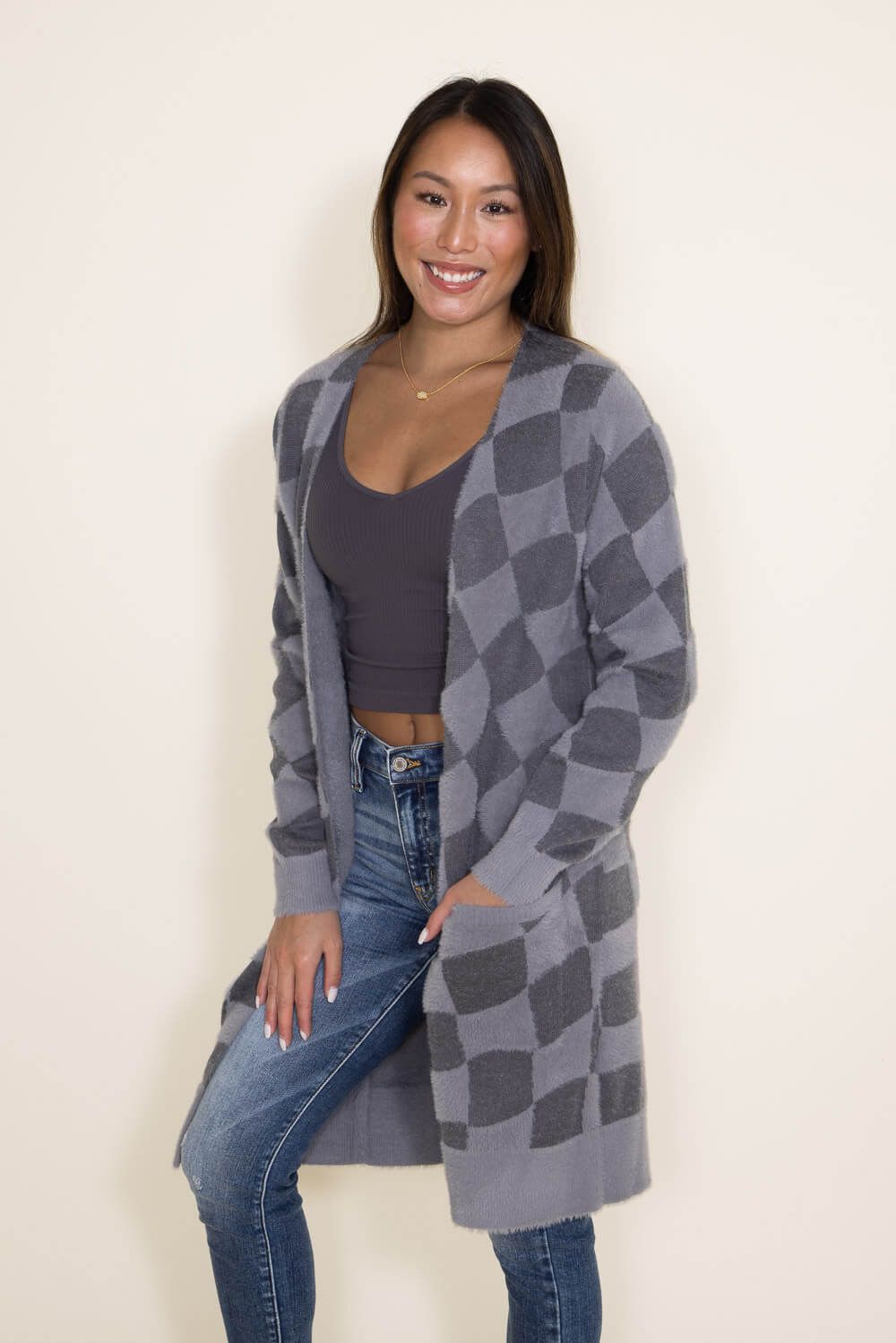 Simply Southern Fuzzy Checkerboard Long Cardigan for Women in Grey | PP-0223-FUZZY-CARDI-GRYCHCK sold by Glik’s product image thumbnail 4