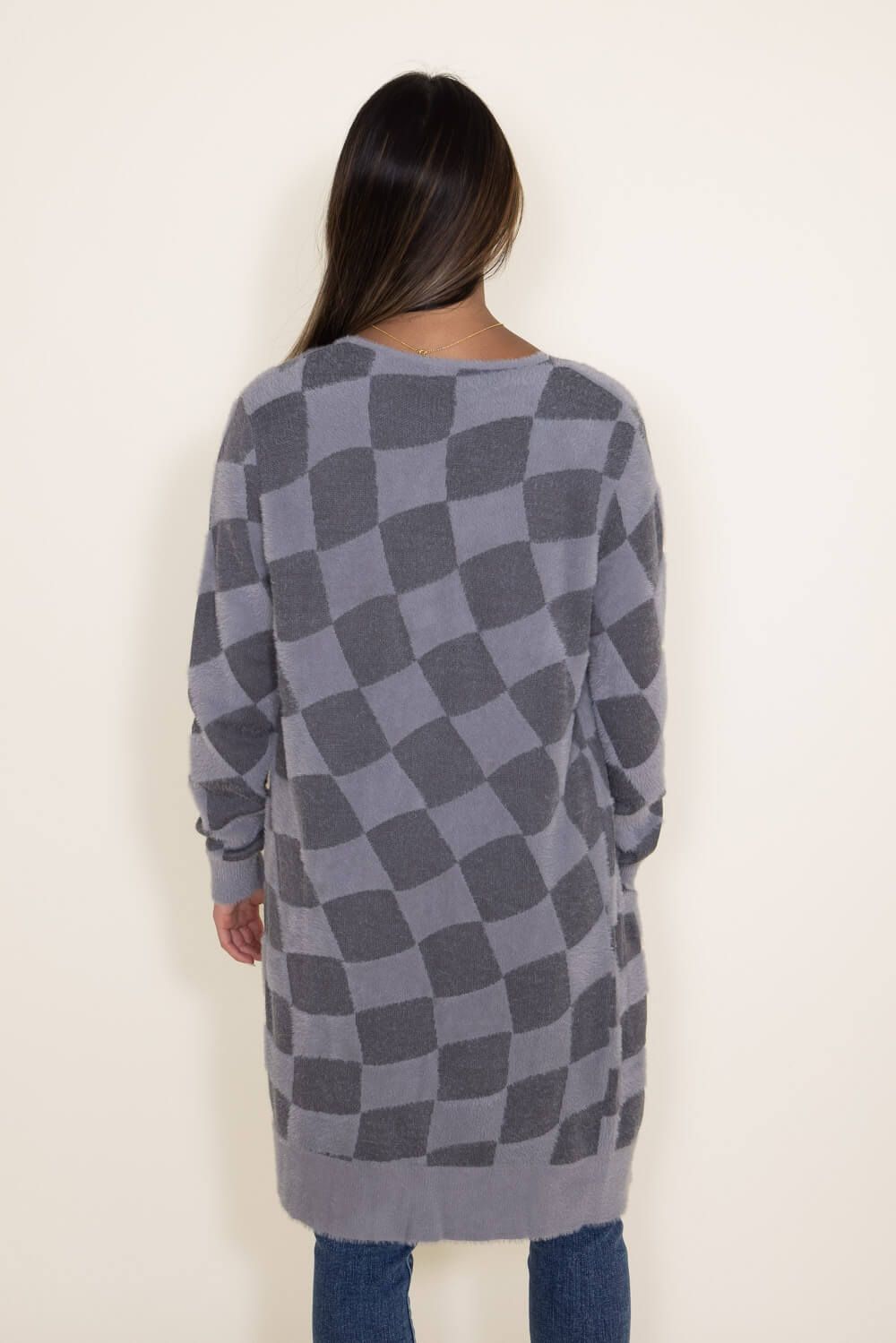 Simply Southern Fuzzy Checkerboard Long Cardigan for Women in Grey | PP-0223-FUZZY-CARDI-GRYCHCK sold by Glik’s product image thumbnail 3