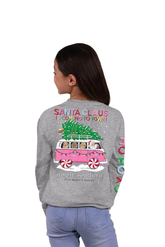 Simply Southern Youth Long Sleeve Santa Bus T-Shirt for Girls in Grey | YTH-LS-SANTABUS-HTHRGRY sold by Glik’s
