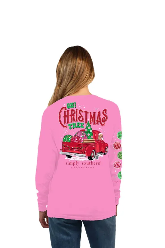 Simply Southern Youth Long Sleeve Oh! Christmas Tree T-Shirt for Girls in Pink | YTH-LS-XMASTRUCK-FLAMINGO sold by Glik’s