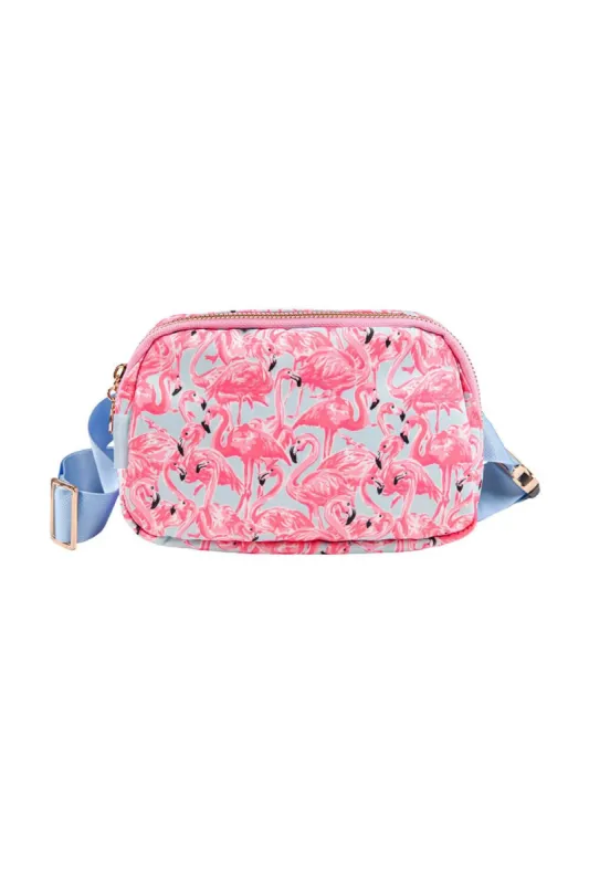 Simply Southern Belt Bag for Women in Flamingo Pink/Blue | 0123-PRPBAG-BELT-PTTN-FLAMINGO sold by Glik’s
