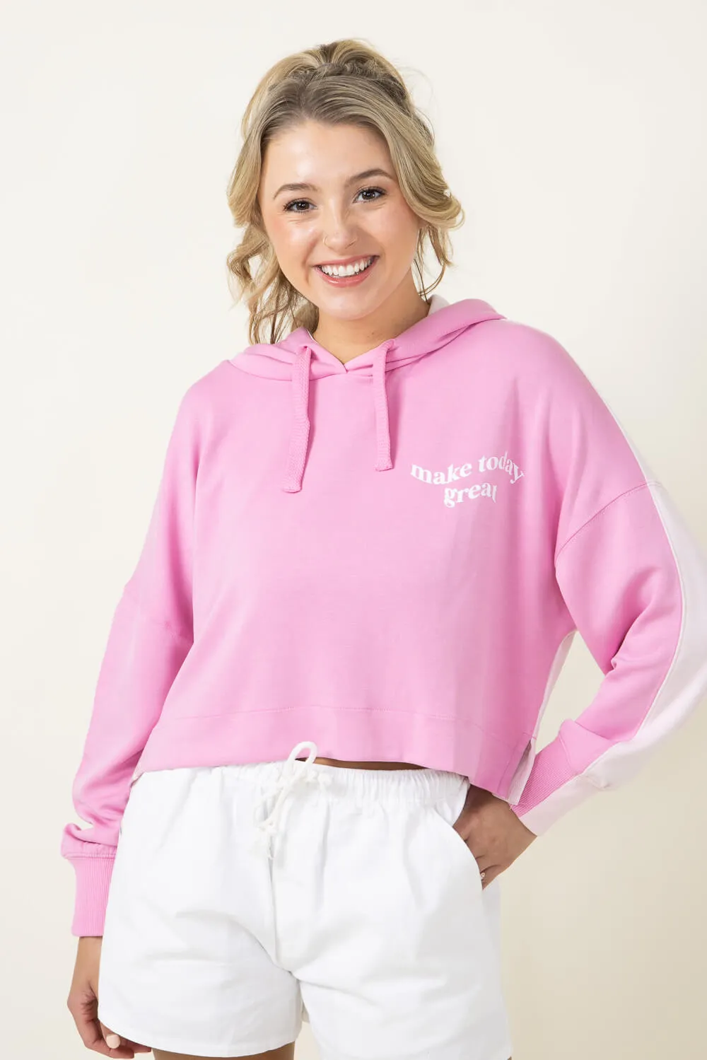 Simply Southern Color Block Make Today Great Cropped Hoodie for Women in Pink | PP-0124-HD-CLRBLK-WORRY sold by Glik’s product image thumbnail 2