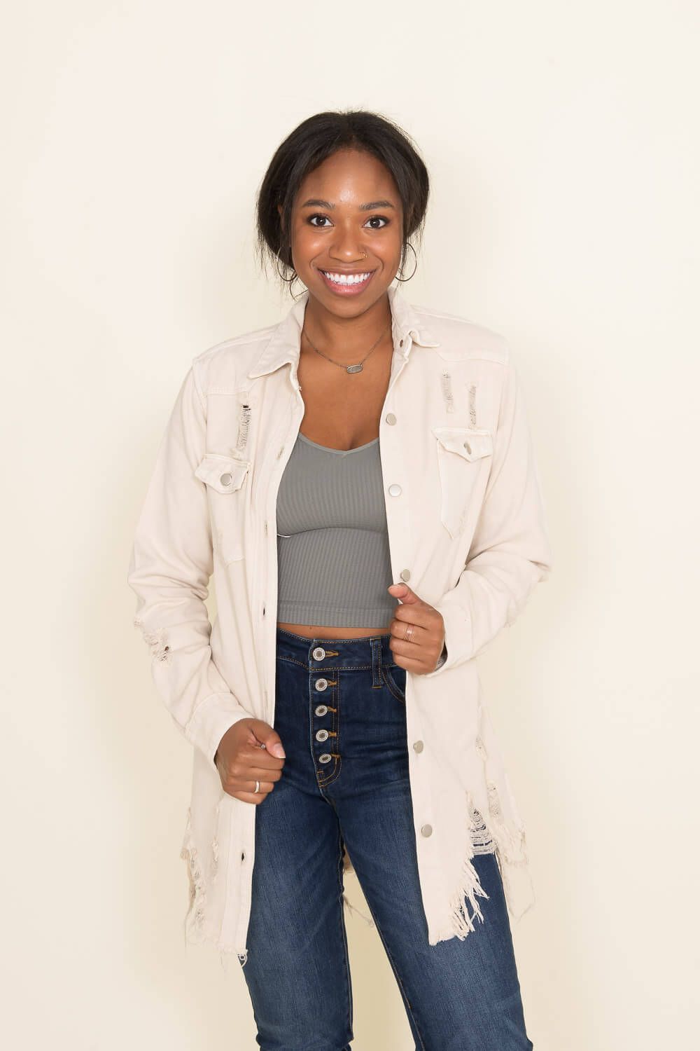 American Bazi Long Destructed Denim Shacket in Ivory | RJK-3447-1-IVORY sold by Glik’s