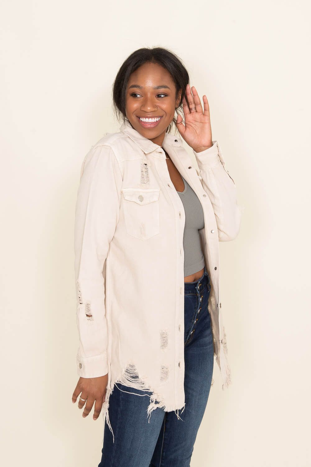 American Bazi Long Destructed Denim Shacket in Ivory | RJK-3447-1-IVORY sold by Glik’s product image thumbnail 4