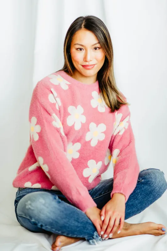 Simply Southern Fuzzy Daisy Print Crewneck Sweater for Women in Pink | PP-0223-FUZZY-CREW-PNKDSY sold by Glik’s