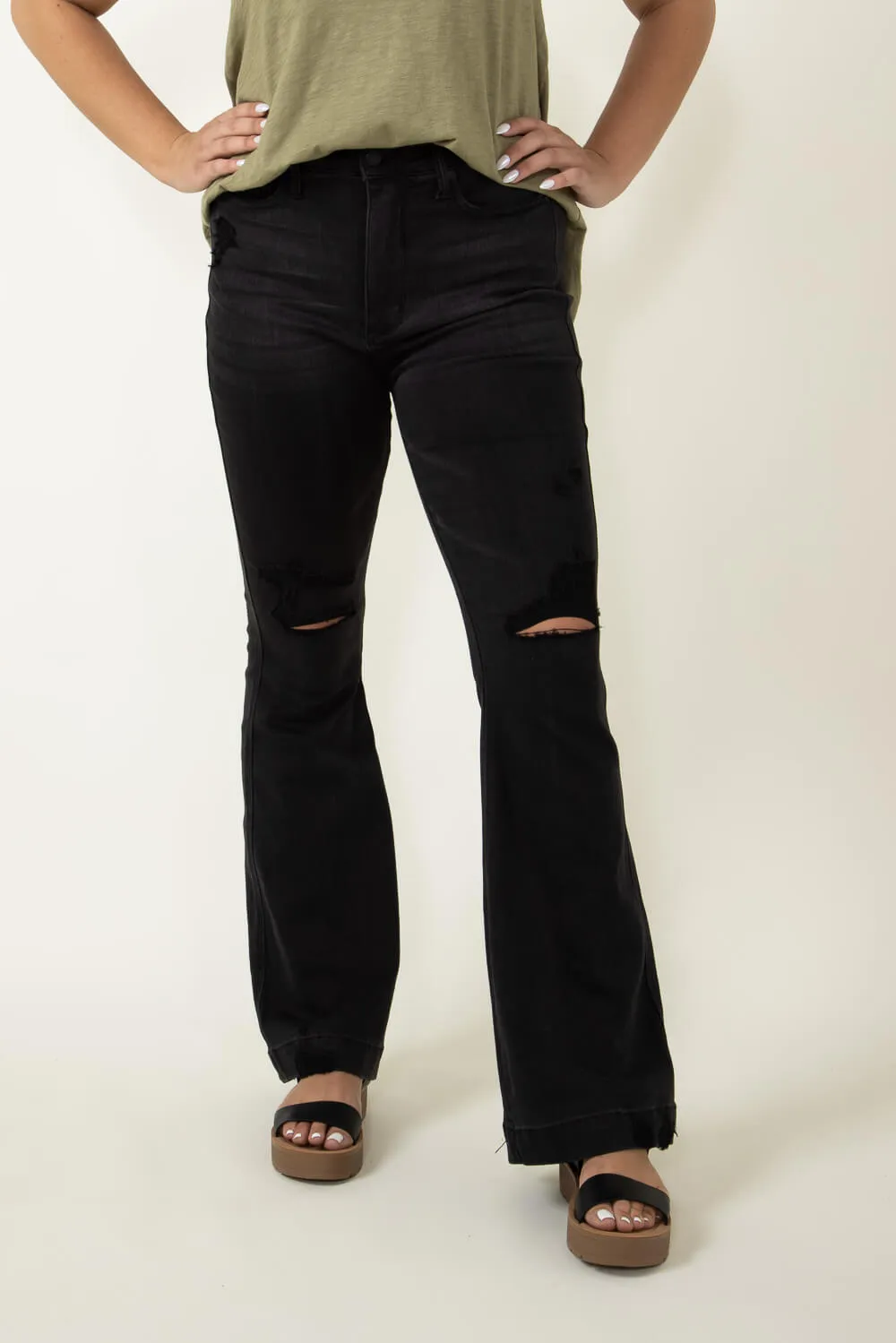Judy Blue High Rise Distressed Knee Flare Jeans for Women in Black | 88622REG sold by Glik’s