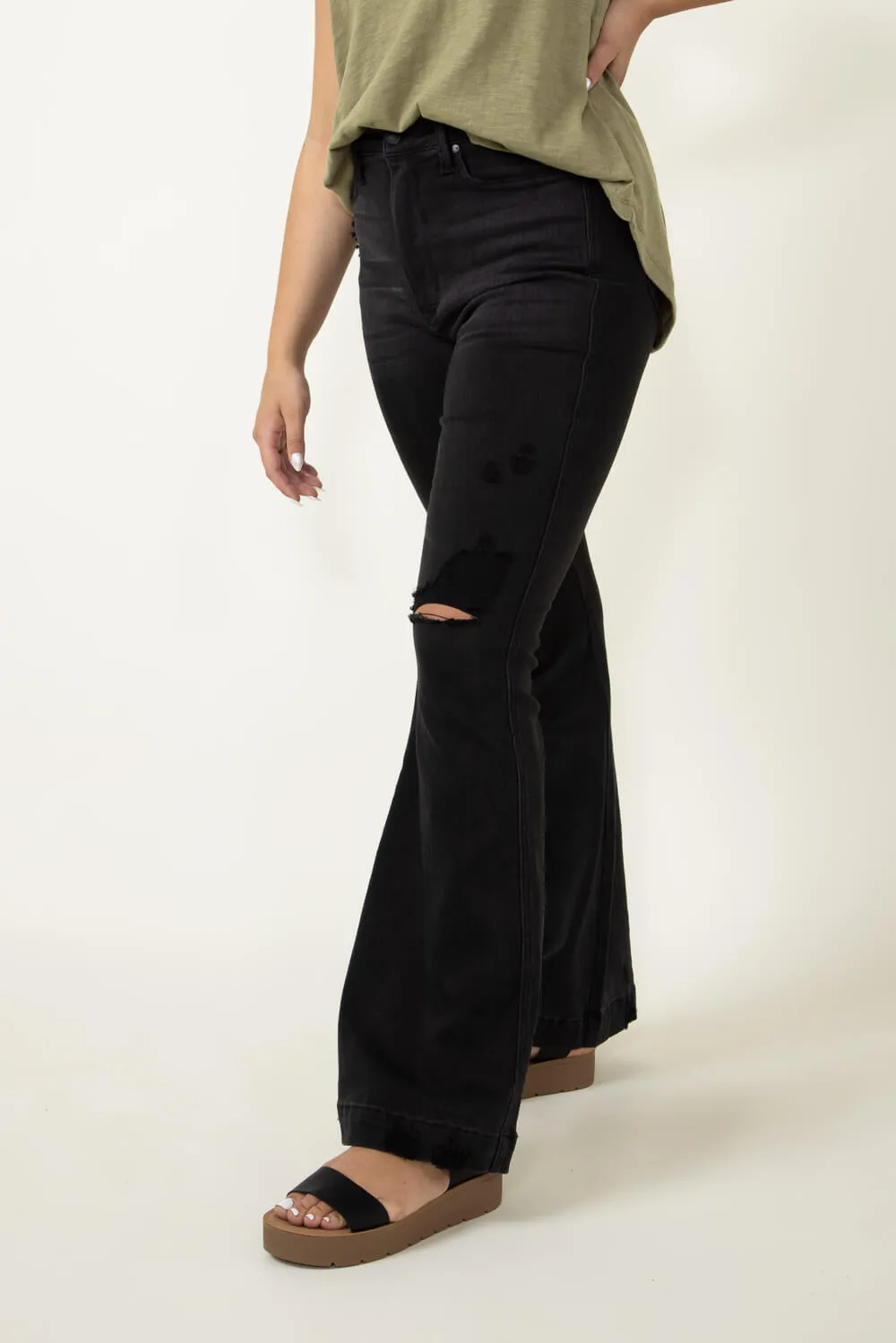 Judy Blue High Rise Distressed Knee Flare Jeans for Women in Black | 88622REG sold by Glik’s product image thumbnail 5