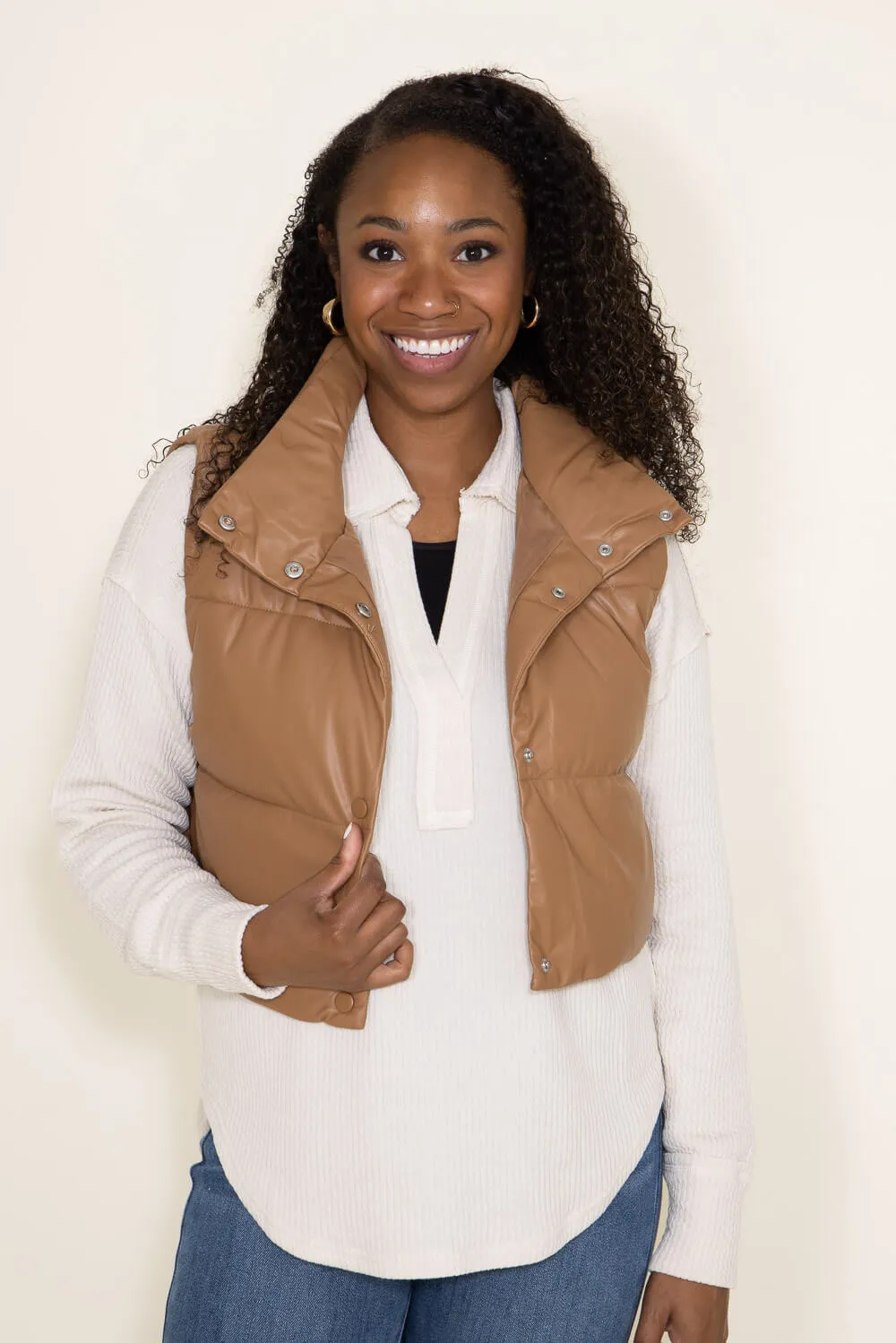 Love Tree Faux Leather Cropped Puffer Vest for Women in Brown | 5096VH-CAMEL sold by Glik’s product image thumbnail 4