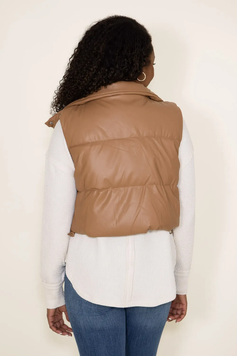 Love Tree Faux Leather Cropped Puffer Vest for Women in Brown | 5096VH-CAMEL sold by Glik’s product image thumbnail 3