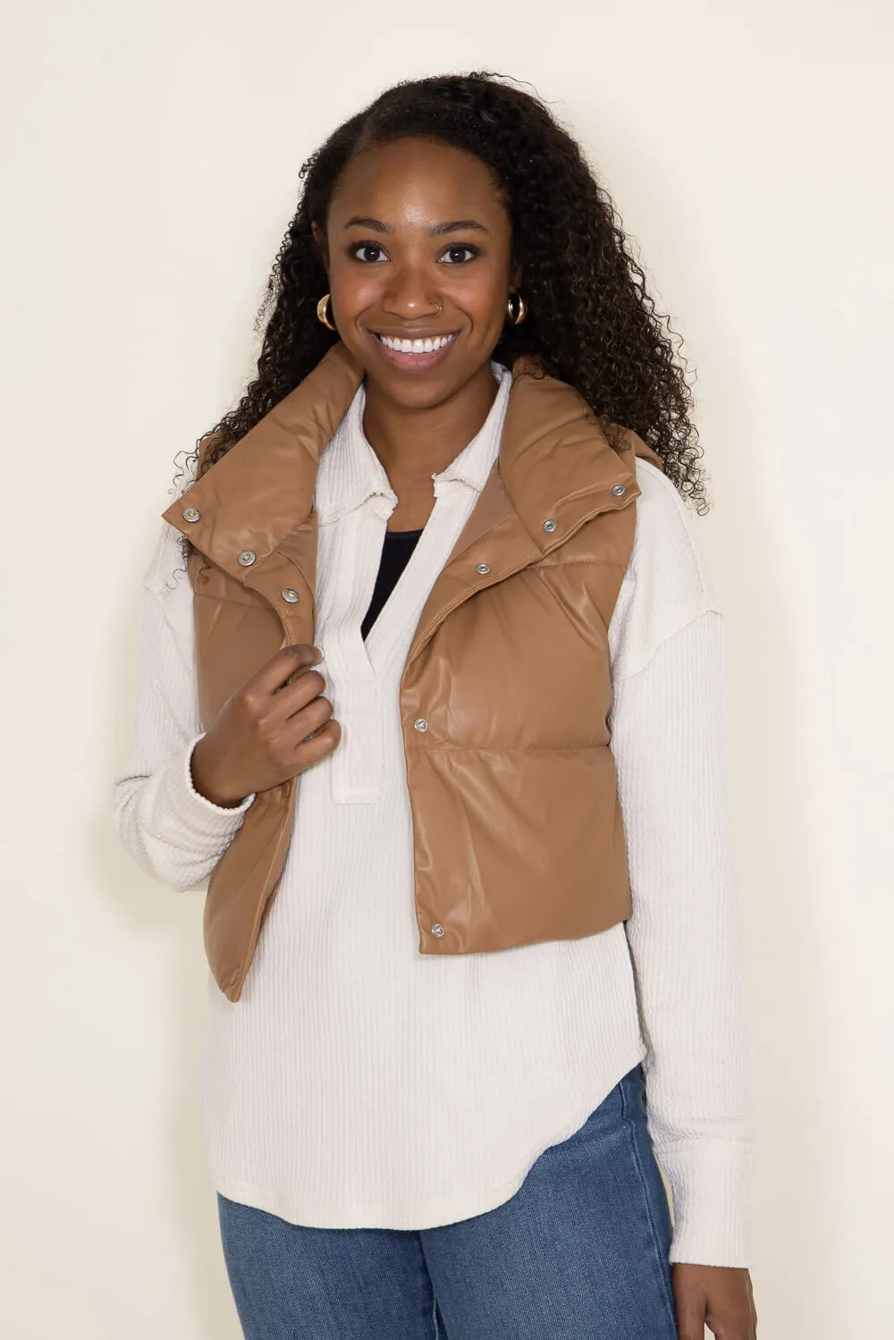 Love Tree Faux Leather Cropped Puffer Vest for Women in Brown | 5096VH-CAMEL sold by Glik’s product image thumbnail 5