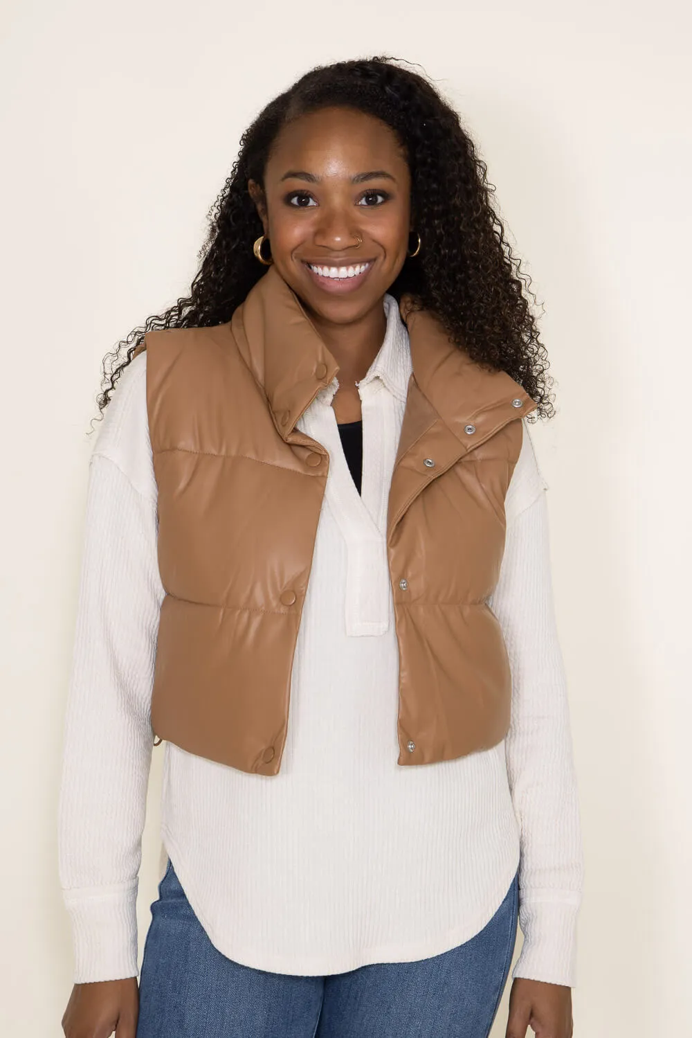 Love Tree Faux Leather Cropped Puffer Vest for Women in Brown | 5096VH-CAMEL sold by Glik’s product image thumbnail 2