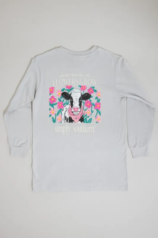 Simply Southern Youth Long Sleeve Flowers Cow T-Shirt for Girls in White Water | YTH-LS-COW-WHITEWATER sold by Glik’s