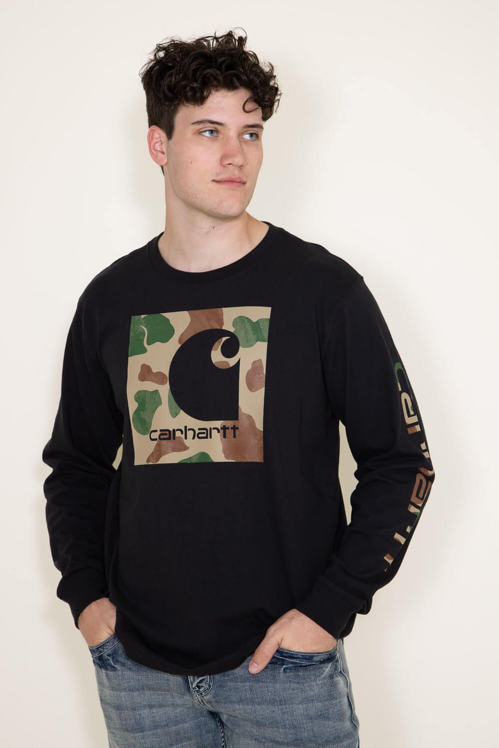 Carhartt Long Sleeve Camo Logo Sleeve Graphic T-Shirt for Men in Black | 105959-001 sold by Glik’s