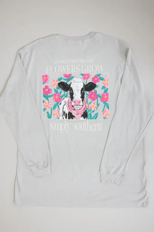 Simply Southern Plus Size Long Sleeve Flowers Cow T-Shirt for Women in White Water | EXT-LS-COW-WHITEWATER sold by Glik’s