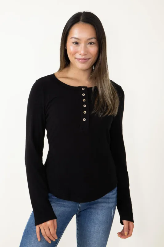 Soft Brushed Henley Knit Top for Women in Black | NT11360-BLACK sold by Glik’s