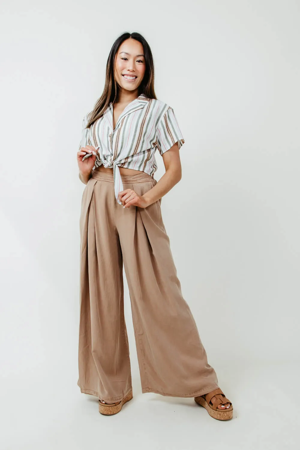 Pintucked Flowy Wide Leg Pants for Women in Taupe | MAP2181-TAN sold by Glik’s