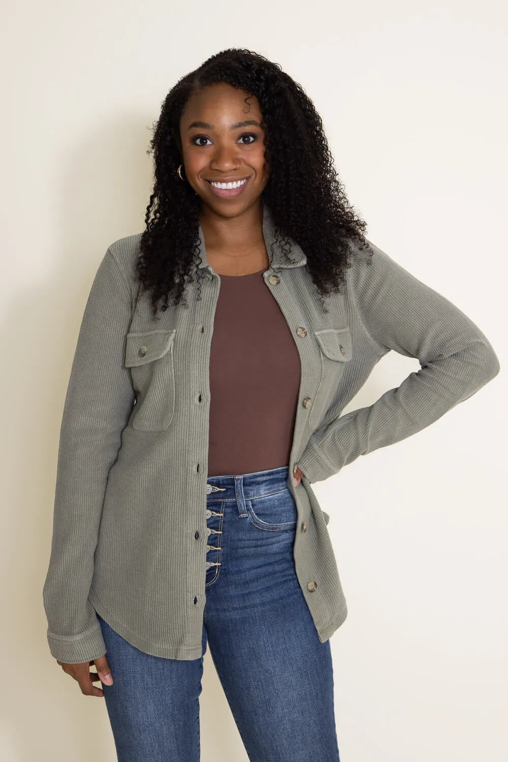 Thread & Supply Dominque Solid Shacket for Women in Olive Green | T238CPKTS-OLIVE sold by Glik’s product image thumbnail 2